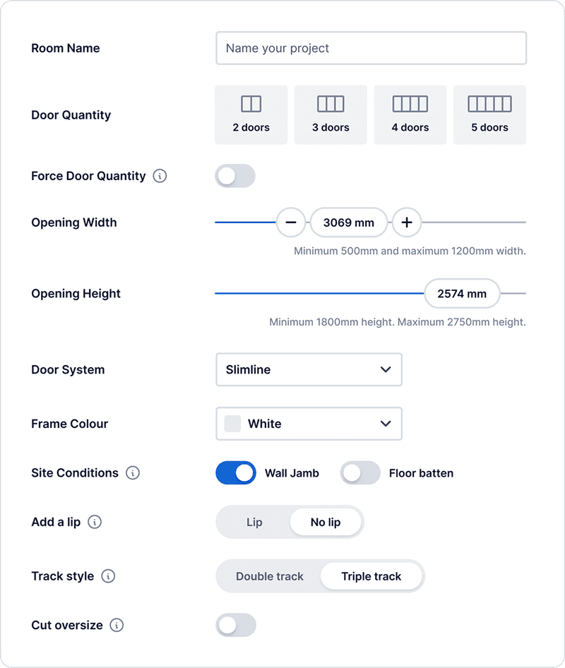 Online sliding door customiser interface